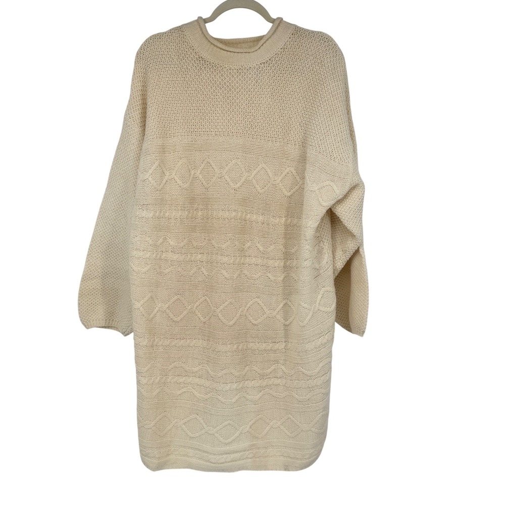 Vintage Cream Cable Knit Tunic Sweater Womens 3X Ramie Cotton Roll Neck 90s